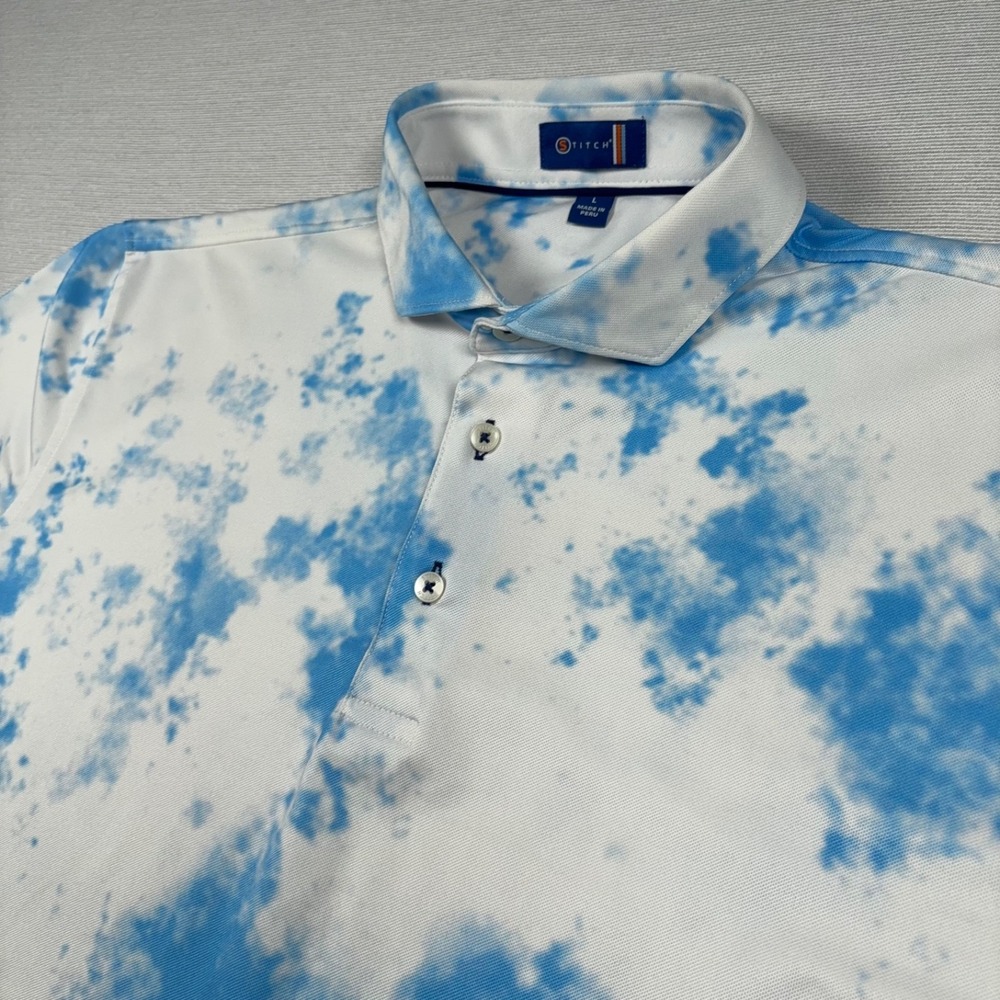 Stitch Golf Polo Shirt Mens Size L White Blue Polyester Spandex Short Sleeve